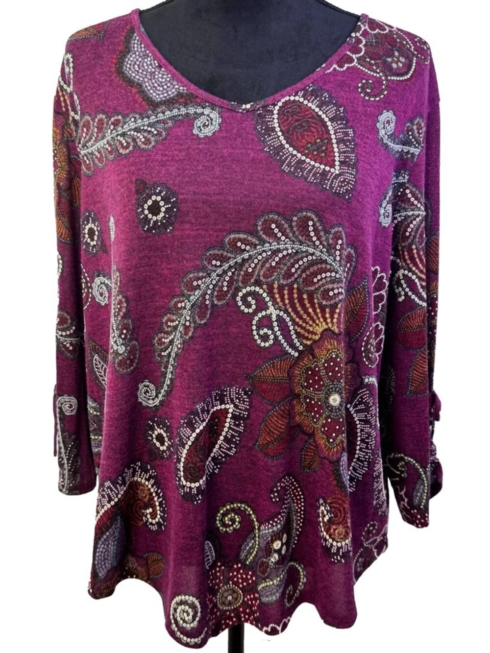 Alfred Dunner XL Purple Paisley Floral Tunic Top 3/4 Sleeve Boho Stretch Blouse